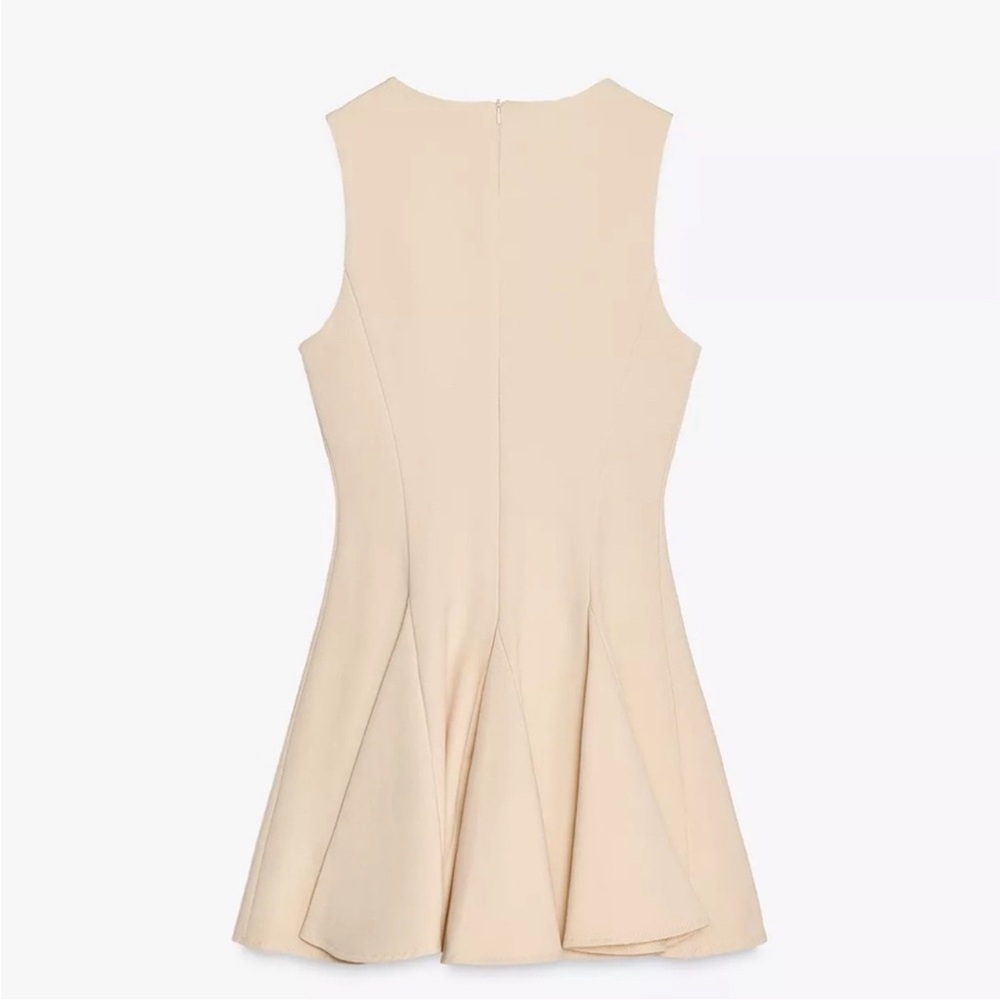 Zara Beige Mini Godet Fit & Flare Dress w/ Front Bow Detail, Sleeveless Sz M NWT - Picture 3 of 8